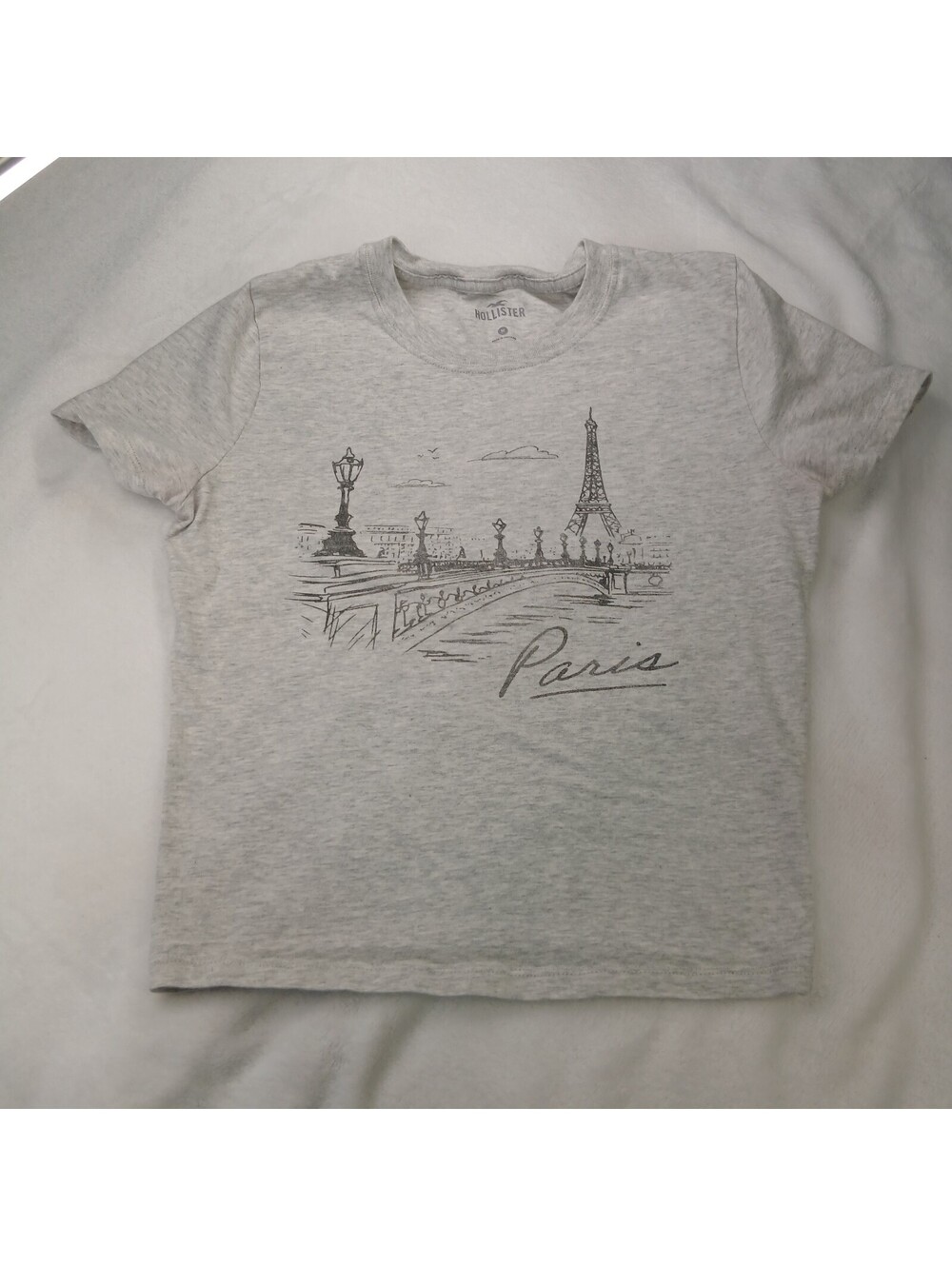 HOLLISTER Gray Crewneck Baby Tee Shirt Paris Eiffel Tower Sketch Women Sz M